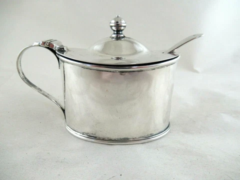 Antique Solid Silver  OVAL MUSTARD + SPOON  Hallmarked:-SHEFFIELD 1912 Cover