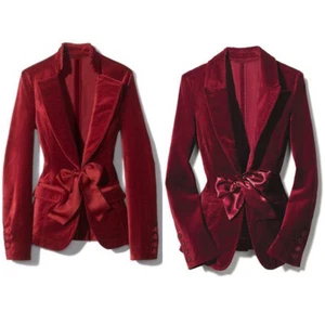 Velvet Women's Suits Peak Lapel Belted Business Casual Winter Warm Blazer - Picture 1 of 13