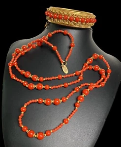 Vintage Miriam Haskell Rot & Gold Perlenkette & Scharnier Armreif Armband - Nachlass - Bild 1 von 12