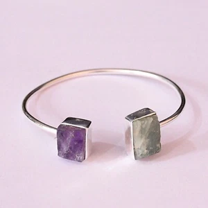 Handcrafted Rhodium Plated Aquamarine And Amethyst Birthstone Stackable Bangle - Picture 1 of 6