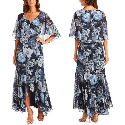 R&M Richards Size 8P 8 Navy Blue Floral High Low Chiffon Dress Evening Formal B6 - Image 1 of 4
