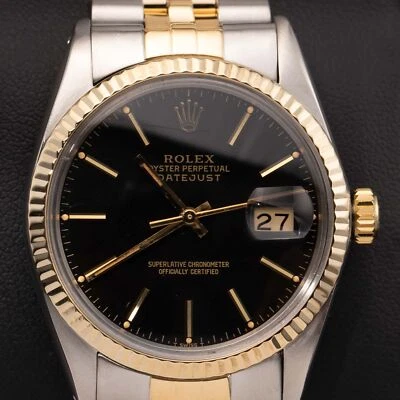 Rolex Datejust 16013 Fluted Bezel Watch 36mm Two-Tone Jubilee Black Dial - Image 1 of 4