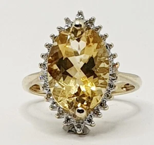 Big 9ct Diamond & Lemon Quartz Marquise Dress 375 Yellow Gold Ring 0.15ct Size N - Picture 1 of 20