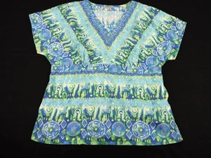 Elan Barco Nursing Scrub Top Embroidered Batik Floral Blue Yellow Green Large L - Picture 1 of 5