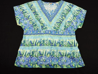 Elan Barco Nursing Scrub Top Embroidered Batik Floral Blue Yellow Green Large L - Image 1 of 4
