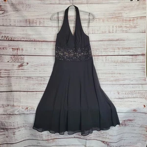 R&M Richards Vintage Black Halter Dress 16 Midi Flare Floral Lace Beaded Fairy - Picture 1 of 15