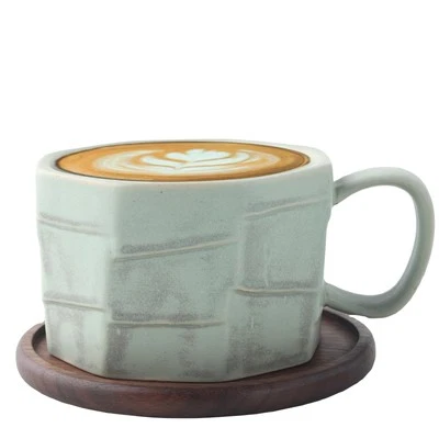 Taza de té de café de cerámica con platillo de madera de nogal negro natural transformador de horno... Foto 1 de 4