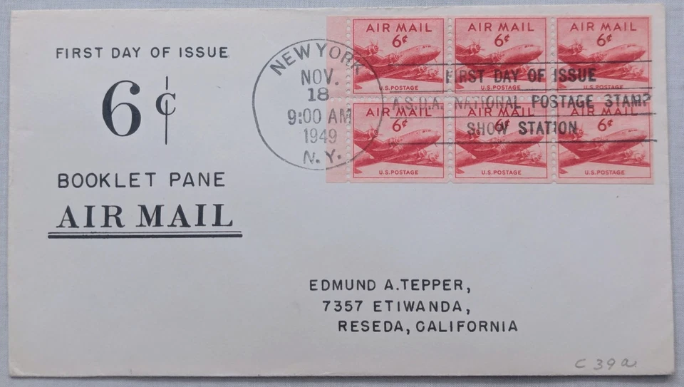 FDC # C39a - Unknown Cachet - NYC ASDA Show - Full Pane W/Tab - HC - 11/18/49 - Image 1 of 2