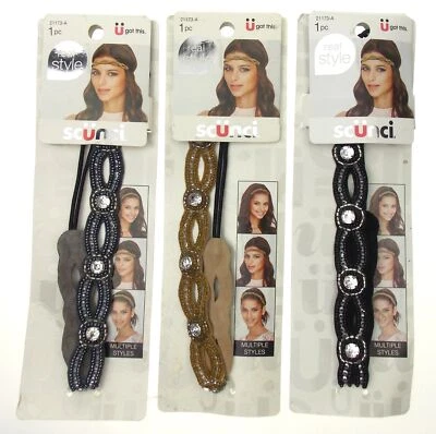 Lote de 3 diademas Scunci doradas grises negras gemas brillantes elásticas elegantes Foto 1 de 2