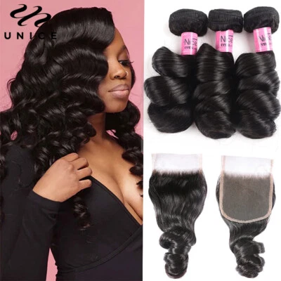 UNICE Indian Onda Suelta 3 Paquetes Extensiones de Cabello Humano con Cierre de Encaje Tejidos Foto 1 de 4