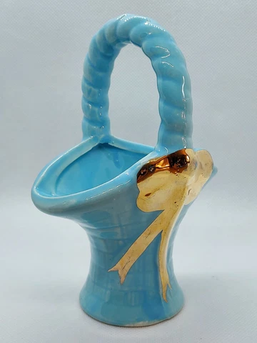 Joan Lea Blue Miniature Basket - Hand Painted, 22kt Gold Bow Cover