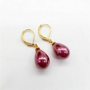 Nuevos pendientes colgantes con palanca trasera de perla de vino enchapados en oro amarillo de 10*14 mm - Imagen 1 de 1