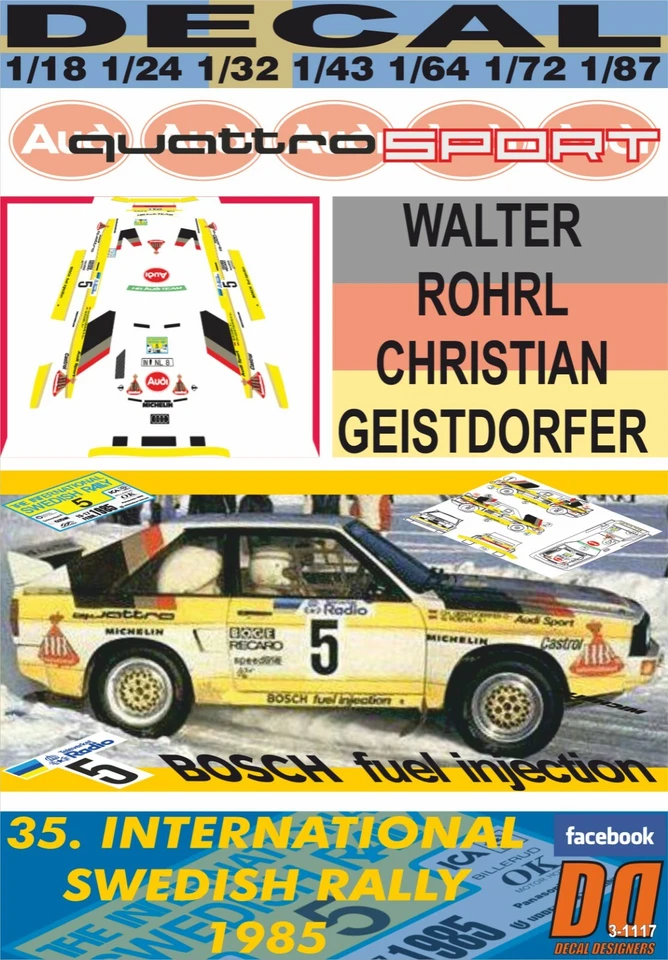 DECAL AUDI QUATTRO SPORT W.ROHRL SWEDISH R. 1985 DnF (04) - Immagine 1 di 1