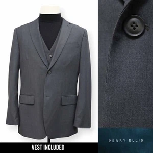 PERRY ELLIS mens solid gray with VEST sport coat suit jacket blazer 42 R - Picture 1 of 18