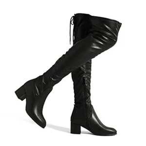 Women's Over The Knee Thigh High Chunky Heel Boots Long Stretch 8.5 Black/Pu - Picture 1 of 6