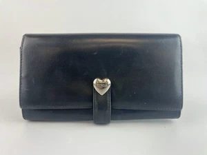 FURLA Black Leather Trifold Wallet Credit Card Holder Silver Heart Logo - Picture 1 of 8