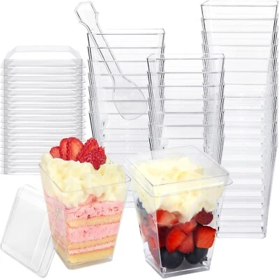Paquete de 60 tazas de postre de 4,5 oz con tapas y cucharas tazas de parfait de plástico transparente Foto 1 de 4