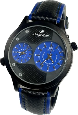 Oskar Emil Classic DUO relógio de qualidade mostrador duplo tempo qualidade couro preto e azul - Imagem 1 de 4