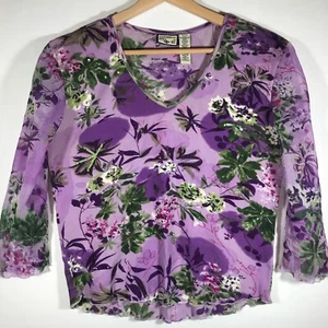 Caribbean Joe Shirt Women's Small Purple Floral Blend Fabric Sheer Long Sleeve - Picture 1 of 12