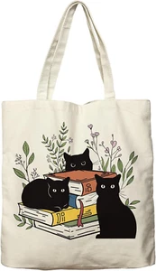 Black Cat Canvas Tote Bag for Women Aesthetic Cute Cat Floral Tote Bag Shopping - Picture 1 of 6