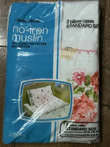 Vintage Pillow Case Set 2 Standard Size JC Penny Muslin Pink Rose Border Cotton - Picture 1 of 1