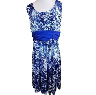 Vestido midi elástico Perceptions para mujer talla 16 azul blanco cachemira floral sin mangas Foto 1 de 4