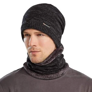 Mens Winter Beanie Hats Scarf Set Warm Knit Skull Cap Neck One Size Black - Picture 1 of 1