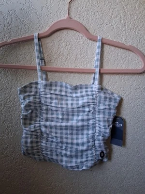 Top corto Hollister azul blanco guinga a cuadros cuello cuadrado acanalado talla pequeña Foto 1 de 2