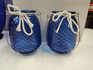 Par de Candelabros Azules, Botellas de Vidrio Decorativas Playa Costera de 5" Junto al Mar - Imagen 1 de 8