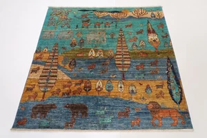 5x5 ft Tribal Animal Area Rug Afghan Hand Knotted 100% Wool Dye Rug Bedroom Rug - Picture 1 of 10