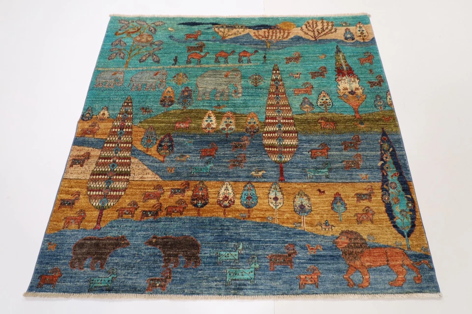 5x5 ft Tribal Animal Area Rug Afghan Hand Knotted 100% Wool Dye Rug Bedroom Rug - Image 1 of 4