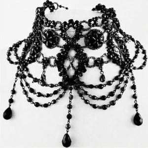 SET Gothic Collier und Ohrringe Choker Perlen Kette Tracht Halskette Schwarz NEU - Bild 1 von 2