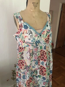 Lebendig exotisch Blumen Baumwolle JOHNNY WAS ärmellos Rüschensaum Midi Sommerkleid L - Bild 1 von 9