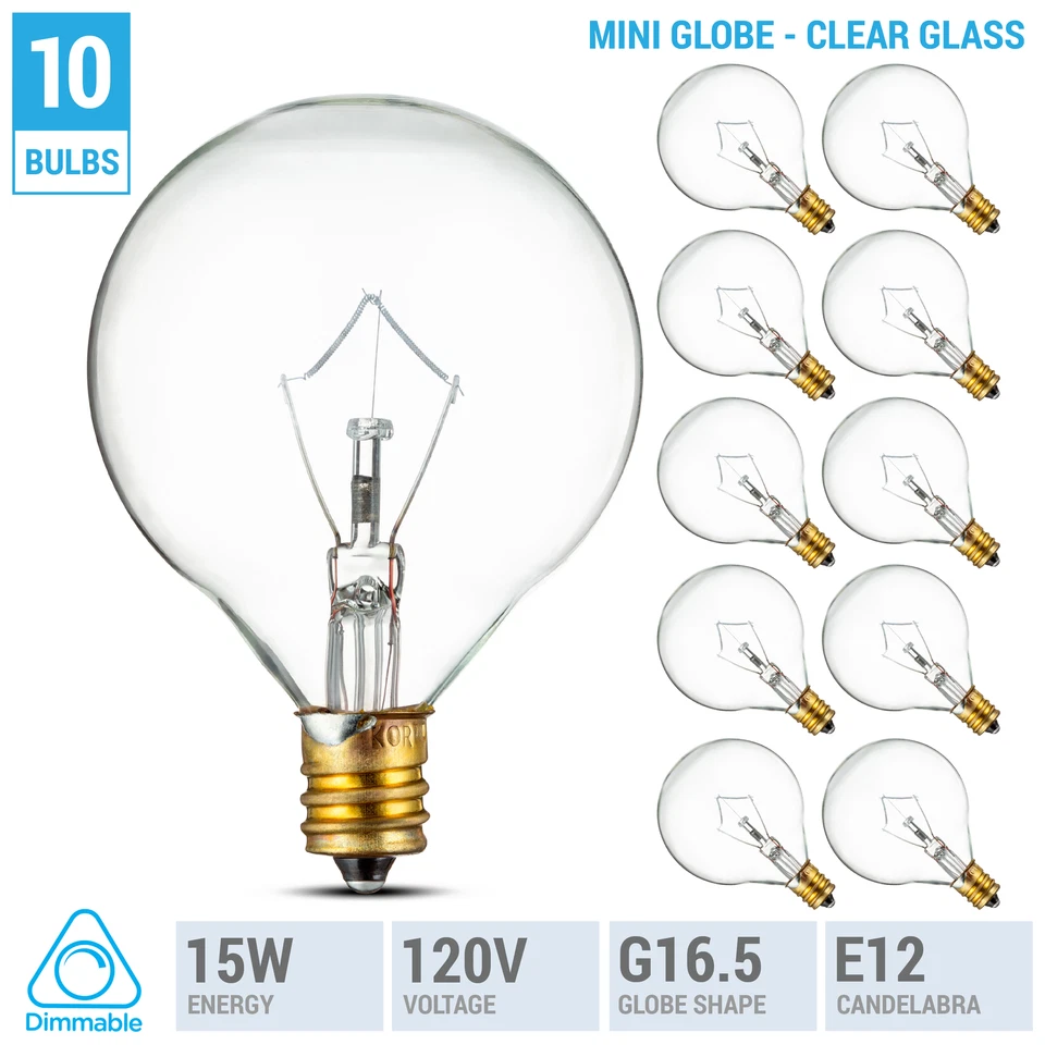 10 Pack Mini Globe Decorative Bulbs 120V 15W G16.5 Candelabra E12 Base Clear - Image 1 of 4