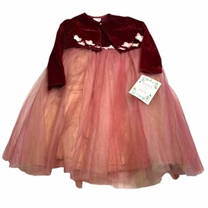 Iris & Ivy 3D Floral Bungundy Velvet Tulle Dress 2 PC Set Cardigan & Dress Sz 6 - Picture 1 of 12