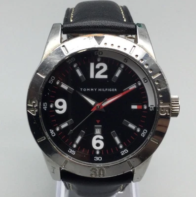 Tommy Hilfiger Watch Men 42mm Silver Tone Date Black Leather Band New Battery - Image 1 of 4