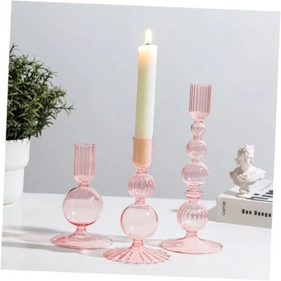  Candelabro de vidrio: juego único de 3 candelabros cónicos modernos rosa Foto 1 de 4