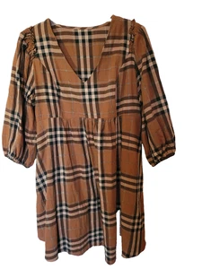 Brown Tan NEW Size 1X Plaid Dress Half Sleeve A Line Fall Neutral Poppi & Bo - Picture 1 of 7