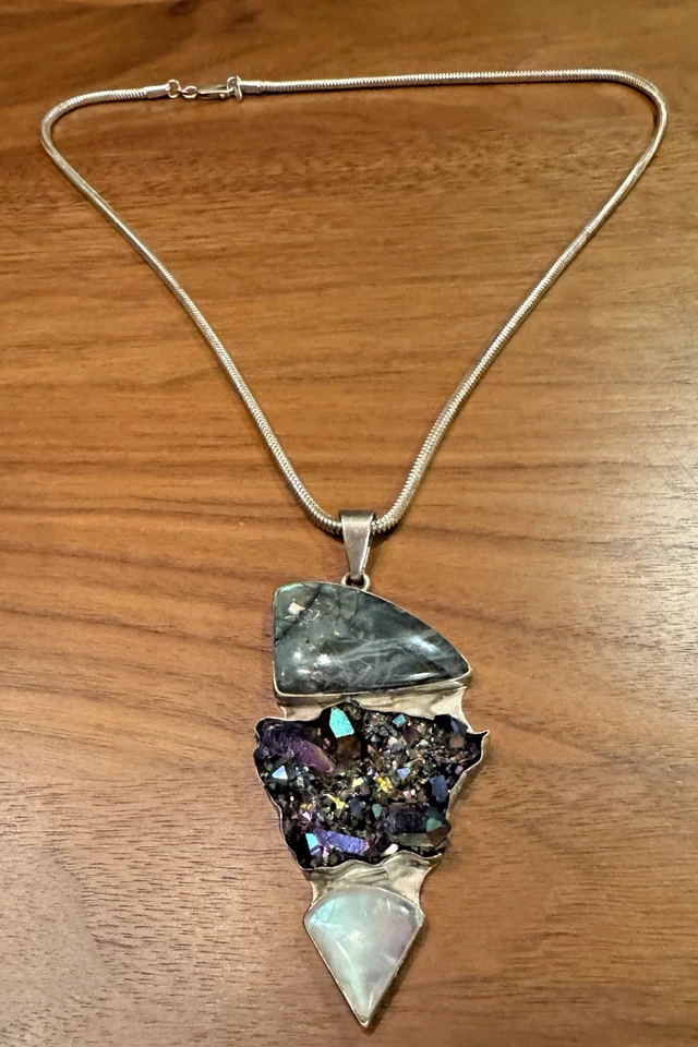 "Collar colgante unisex de plata 925 con piedra lunar mineral de pavo real 22"" India" Foto 1 de 4