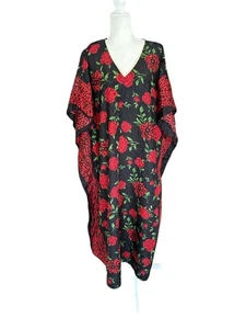 Vestido caftán Gold Coast vintage para mujer OS negro rojo rosas estampado animal cuello en V - Imagen 1 de 8