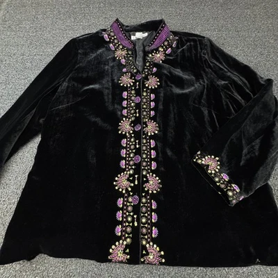 Dressbarn Jacket Womens 2XL Black Velvet Embroidered Beaded Button Front Plus - Image 1 of 4