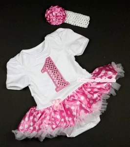 Baby White Jumpsuit Sparkle 1 ST Number & Hot Pink White Dots Dress NB-12Month - Picture 1 of 3