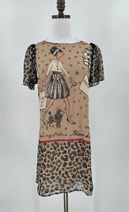 Choristes Les Womens Taupe Mulberry Silk Chic Shopping Poodle Shift Dress Sz S - Picture 1 of 12