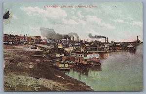 Postal c1909 Evansville IND. Barcos de aterrizaje de barco de vapor varios - Imagen 1 de 2