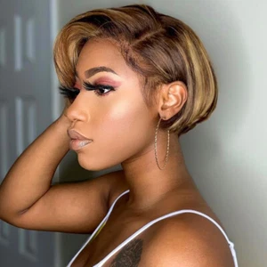Short Pixie Human Hair Lace Front Highlight Blond Brown Bob Wigs 4x4 Pre plucked - Picture 1 of 8