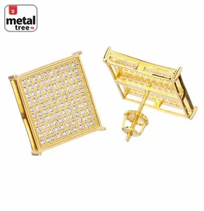 Men's Hip Hop 925 Silver 16 mm Block Square Flat Screen Screw Back Stud Earrings - Picture 1 of 9