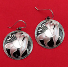 JML Earrings Vintage Sterling Silver Pink Orchid Flower Black Enamel 1.5 in 819b