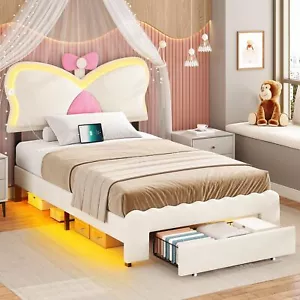 Twin Bed Frame with Storage Drawer & Adjustable Butterfly Head, Velvet Led Bed - Picture 1 of 7