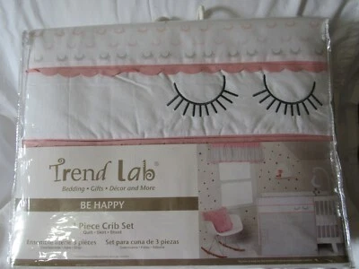 Trend Lab Be Happy 3 pc Crib Set nursery bedding baby girl pink gray eyelashes - Image 1 of 4