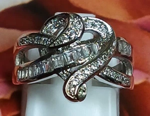 Sterling Silver 925 Vintage 50's Art Deco CZ Stone Swirled Heart Bypass Ring - 5 - Picture 1 of 7